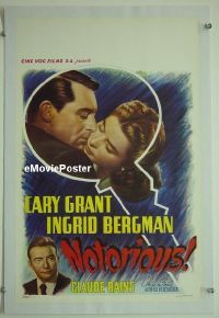 #102 NOTORIOUS linen Belgian R1950s art of Cary Grant & Ingrid Bergman in big key, Hitchcock classic