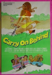 #7913 CARRY ON BEHIND English 1sh 1975 art of sexy Carol Hawkins on bicycle & Elke Sommer in car!