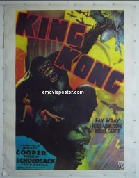 #0535 KING KONG linen French 1p R70s art of ape with Fay Wray on Empire State from 1938 re-release!