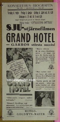#8147 GRAND HOTEL Swedish insert '32 Garbo 