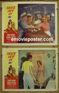 #1336 SHACK OUT ON 101 2 lobby cards '56 Moore, Marvin