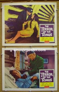 #1351 TERROR OF THE TONGS 2 lobby cards '61 Lee, Hammer