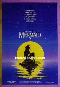 #3745 LITTLE MERMAID teaser DS 1sh '89 Disney, great cartoon image of Ariel in moonlight!