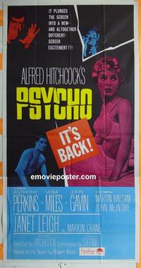 #5169 PSYCHO three-sheet movie poster R65 Leigh, Perkins,Hitchcock