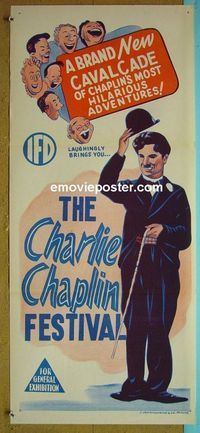#7251 CHARLIE CHAPLIN FESTIVAL Aust daybill '57 stone litho art of Chaplin in hat w/ cane!