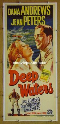 #7020 DEEP WATERS linenbacked Australian daybill movie poster '48 Andrews