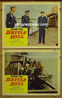 F861 BATTLE HELL 2 lobby cards '57 Richard Todd, Tamiroff