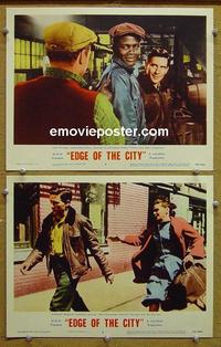 F915 EDGE OF THE CITY 2 lobby cards '57 John Cassavetes, Poitier
