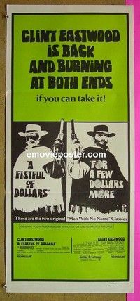 K440 FISTFUL OF DOLLARS/FOR A FEW DOLLARS MORE Australian daybill movie poster '69