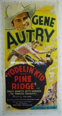 M259 YODELIN' KID FROM PINE RIDGE linen three-sheet movie poster '37 Autry