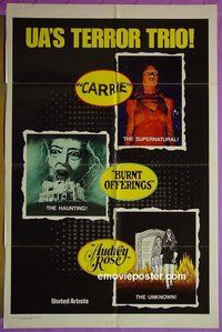 P341 CARRIE/BURNT OFFERINGS/AUDREY ROSE one-sheet movie poster '78 3-bill!