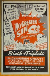 Q257 NO GREATER SIN/BIRTH OF TRIPLETS one-sheet movie poster '40s