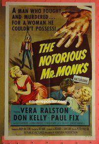 Q270 NOTORIOUS MR MONKS one-sheet movie poster '58 Vera Ralston