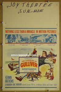 T104 3 WORLDS OF GULLIVER window card movie poster '60 Ray Harryhausen