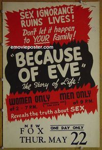 T126 BECAUSE OF EVE window card movie poster '48 truth about sex!