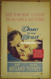 T146 CLOSE TO MY HEART window card movie poster '51 Gene Tierney, Milland