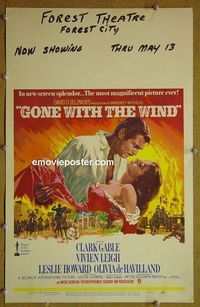 T185 GONE WITH THE WIND window card movie poster R68 Clark Gable, Leigh