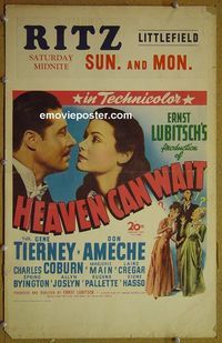 T198 HEAVEN CAN WAIT  window card movie poster '43 Gene Tierney,Lubitsch