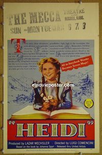 T199 HEIDI  window card movie poster '54 children's classic!