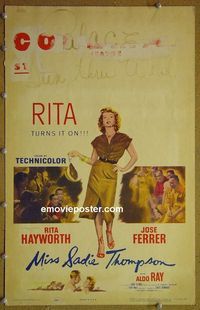 T247 MISS SADIE THOMPSON window card movie poster '54 Rita Hayworth, 3-D!