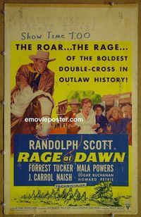 T286 RAGE AT DAWN window card movie poster '55 Randolph Scott, Tucker