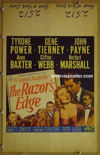T287 RAZOR'S EDGE  window card movie poster '46 Tyrone Power, Tierney