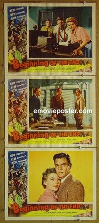 Y825 BEGINNING OF THE END 3 lobby cards '57 Peter Graves