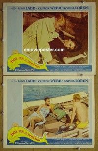 Z003 BOY ON A DOLPHIN 2 lobby cards '57 Alan Ladd, Sophia Loren