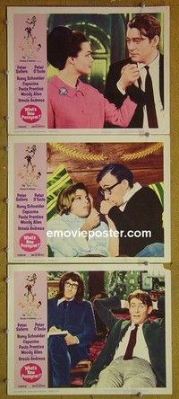 Y965 WHAT'S NEW PUSSYCAT 3 lobby cards '65 Woody Allen, Sellers