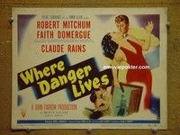 Y385 WHERE DANGER LIVES title lobby card '50 Robert Mitchum, Domergue