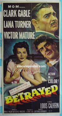 C193 BETRAYED three-sheet movie poster '54 Clark Gable, Lana Turner