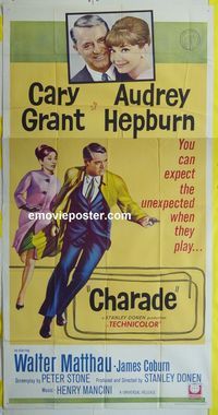 C223b CHARADE three-sheet movie poster '63 Cary Grant, Audrey Hepburn