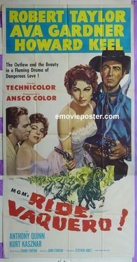C374 RIDE VAQUERO three-sheet movie poster '53 Robert Taylor, Ava Gardner