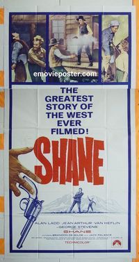 C379 SHANE three-sheet movie poster R66 Alan Ladd, Jean Arthur, Van Heflin