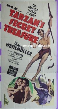 C385 TARZAN'S SECRET TREASURE three-sheet movie poster R54 Weissmuller