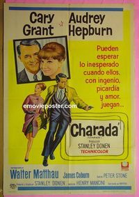 C468 CHARADE Argentinean movie poster '63 Cary Grant, Audrey Hepburn