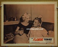 K871 FLAMING TEEN-AGE lobby card #6 '57 bad girl & Schlitz Beer!