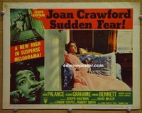 L635 SUDDEN FEAR lobby card #2 '52 Joan Crawford on chair!