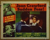 L634 SUDDEN FEAR lobby card #7 '52 Joan Crawford in doorway!