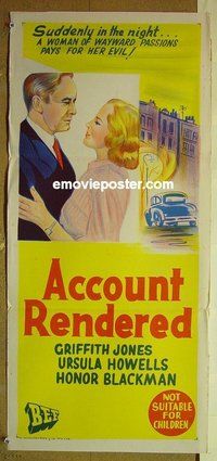 p013 ACCOUNT RENDERED Australian daybill movie poster '57 Griffith Jones