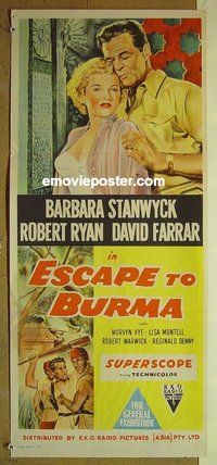 p253 ESCAPE TO BURMA Australian daybill movie poster '55 Ryan, Stanwyck