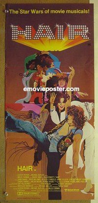 p353 HAIR Australian daybill movie poster '79 great Bob peak artwork!