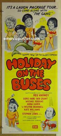 p373 HOLIDAY ON THE BUSES Australian daybill movie poster '73 English!