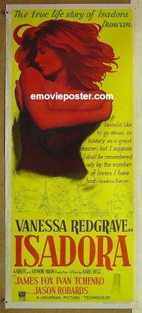 p455 LOVES OF ISADORA Australian daybill movie poster '69 Vanessa Redgrave