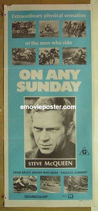p535 ON ANY SUNDAY Australian daybill movie poster '71 McQueen close up!