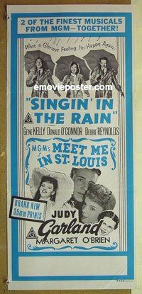 p696 SINGIN' IN THE RAIN/MEET ME IN ST LOUIS Australian daybill movie poster '70s