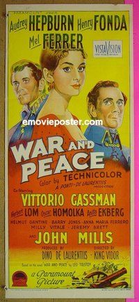 p826 WAR & PEACE Australian daybill movie poster '56 Audrey Hepburn, Fonda
