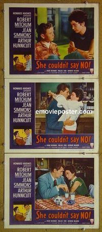n198 SHE COULDN'T SAY NO 3 lobby cards '54 Robert Mitchum
