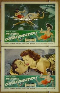 n395 UNDERWATER 2 lobby cards '55 sexy Jane Russell!
