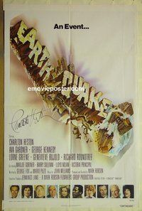 r561 EARTHQUAKE signed one-sheet movie poster '74 Charlton Heston